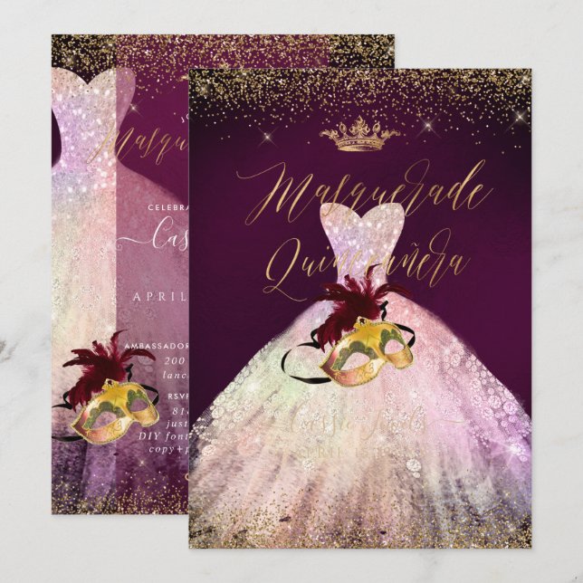 Invitation PixDezines Masquerade Quinceanera Cotton Candy (Devant / Derrière)