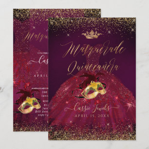 Invitation PixDezines Masquerade Quinceanera Or Bourgogne