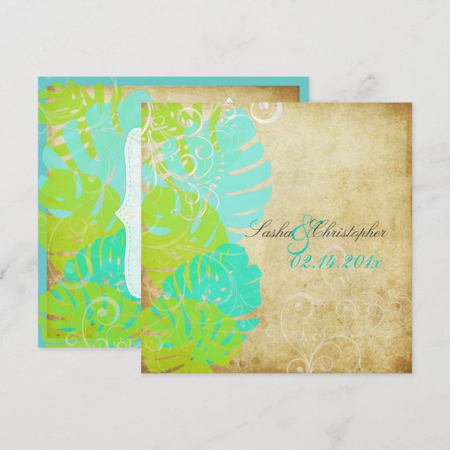 Invitation PixDezines MONSTERA FEUILLES+SWIRLS/GREEN+TURQUOIS (Devant / Derrière)