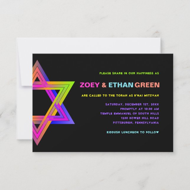 Invitation PixDezines Neon Star de David B'nai Mitzvah Invit (Devant)