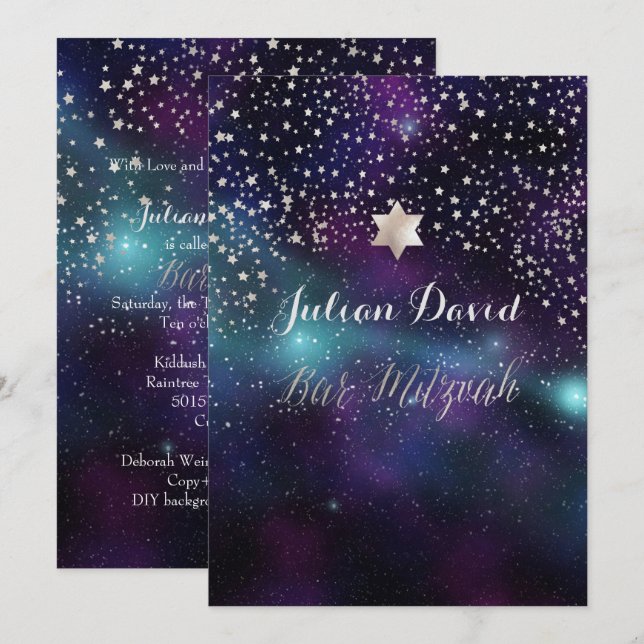Invitation PixDezines NIGHT SKY BAR MITZVAH ✡ (Devant / Derrière)