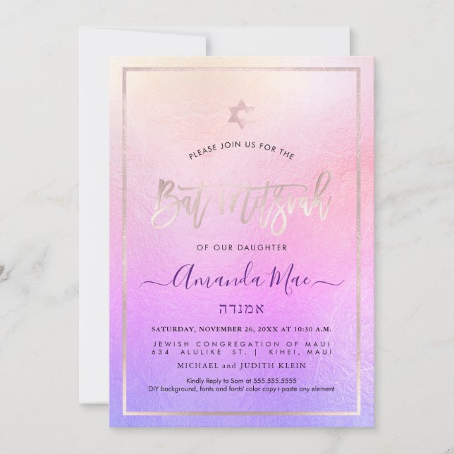 Invitation PixDezines Ombre Blush Pink+Violet Bat mitzvah (Devant)