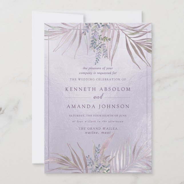 Invitation PixDezines Palmes Mauve+Lilac, Iridescente (Devant)