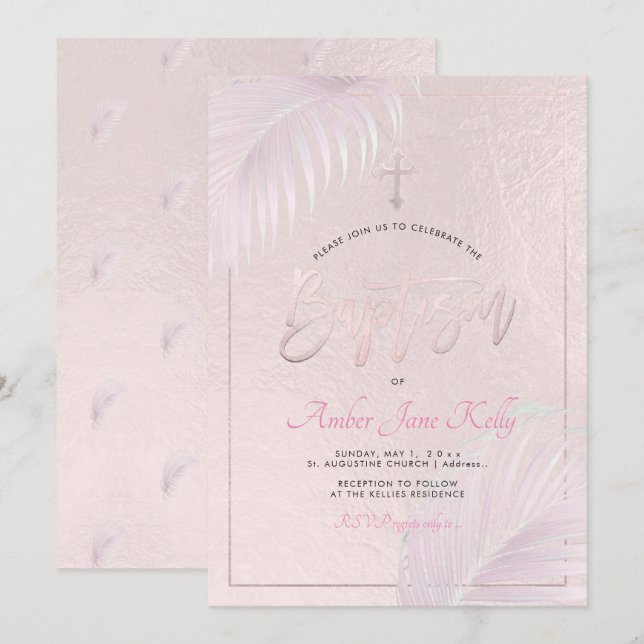 Invitation PixDezines Palms D'Argent Rose Baptême (Devant / Derrière)