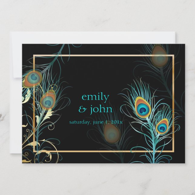 Invitation PixDezines paon plumes/aqua/turquoise (Devant)