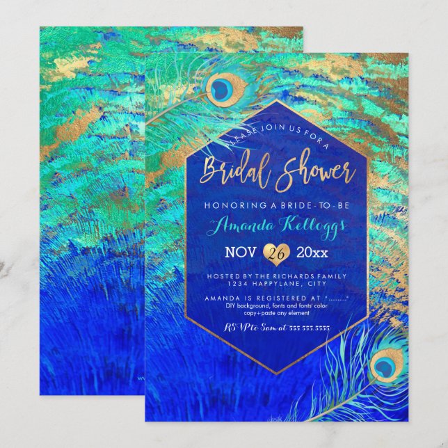 Invitation PixDezines Peacock Fête de l'mariée+Faux Gold (Devant / Derrière)