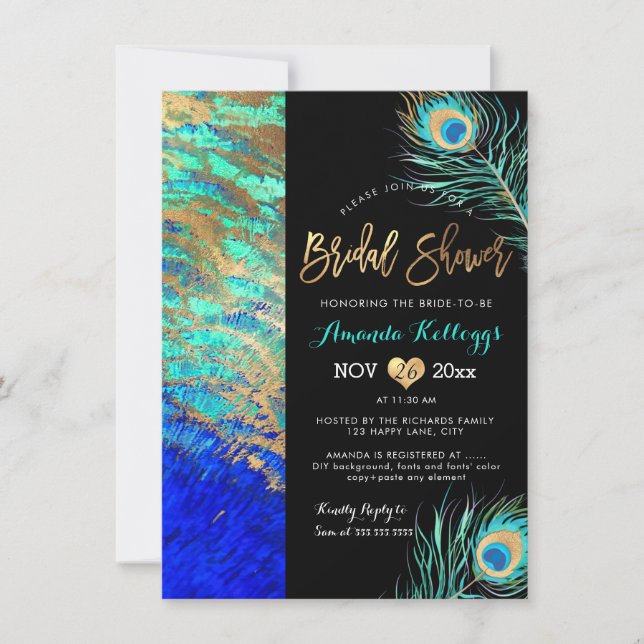 Invitation PixDezines Peacock Fête des mariées+Faux Gold (Devant)
