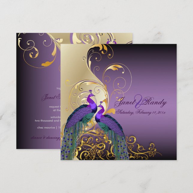 Invitation PixDezines PEACOCKS/PURPLE/OR/FILIGREE/SWILRS (Devant / Derrière)