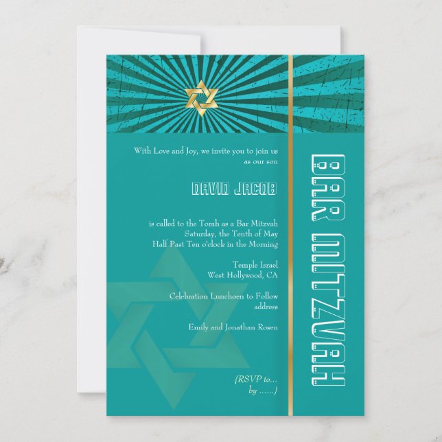 Invitation PixDezines Photo Bar Mitzvah/turquoise/faux or (Devant)