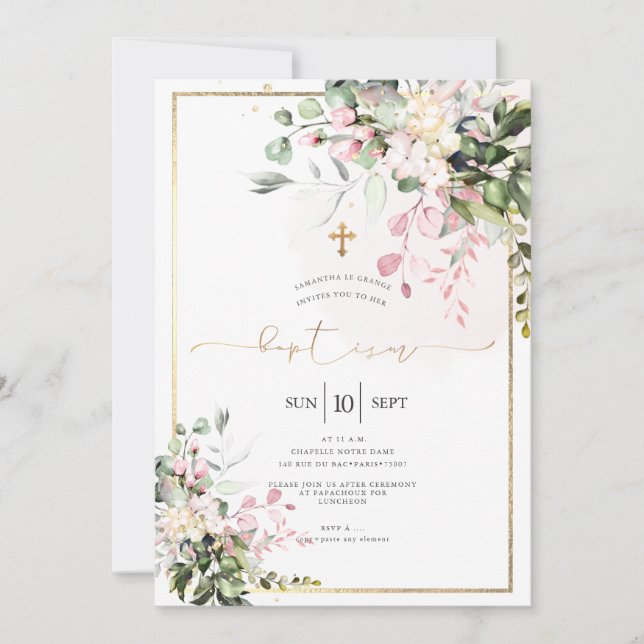 Invitation PixDezines Pink, Rustic Watercolor Baptism (Devant)