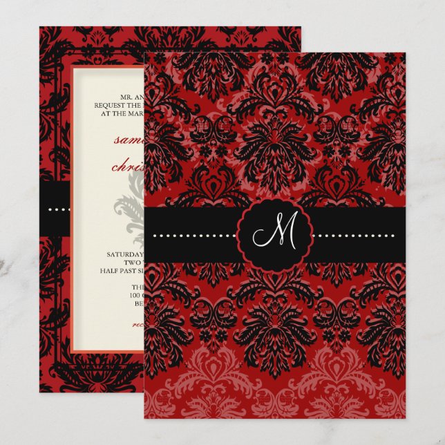 Invitation PixDezines Piqué, Damask / Black + Red Velvet (Devant / Derrière)