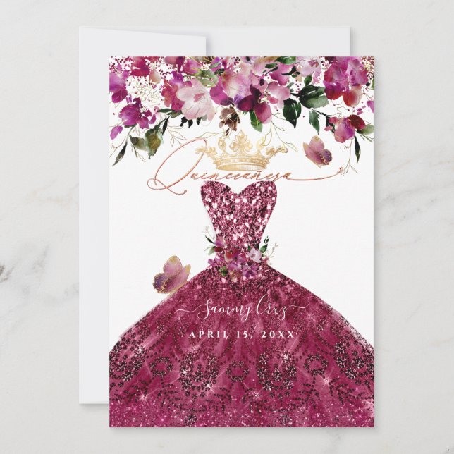 Invitation PixDezines Quinceanera robe rouge cerise (Devant)