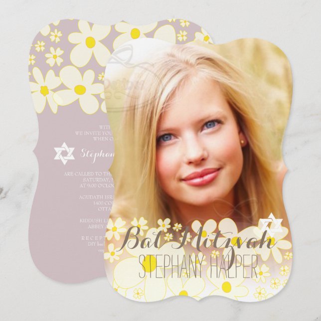 Invitation PixDezines Retro DaisiesPhoto/Bat mitzvah (Devant / Derrière)