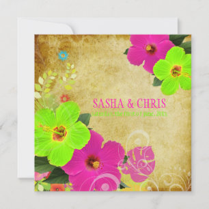 Invitation PixDezines rose chaud+néon vert hibiscus+monstère