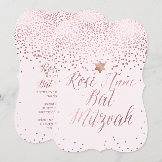 Invitation PixDezines Rose ébloui Gold/Faux Foil/Bat mitzvah (Devant / Derrière)