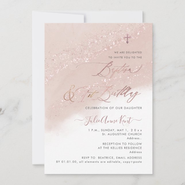Invitation PixDezines Rose Gold Baptême + 1er Anniversaire (Devant)