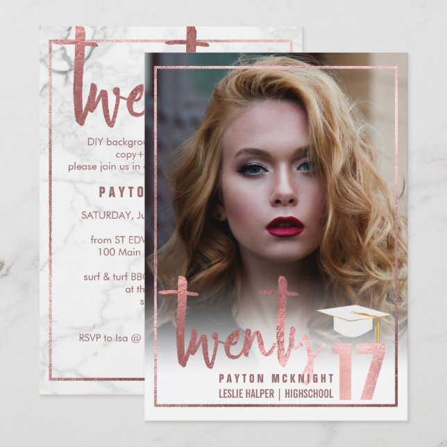 Invitation PixDezines Rose Gold/Marbre (Devant / Derrière)