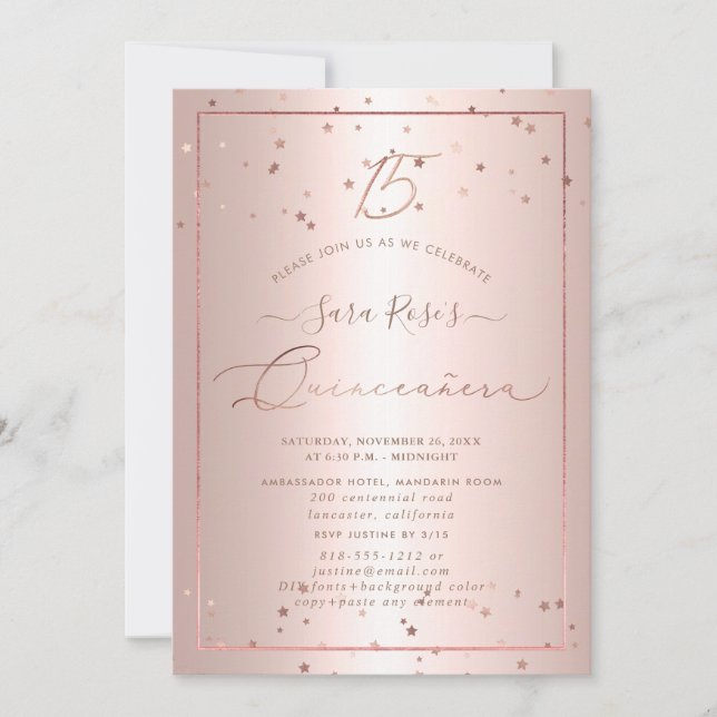 Invitation PixDezines Rose Gold Stars Quinceanera (Devant)