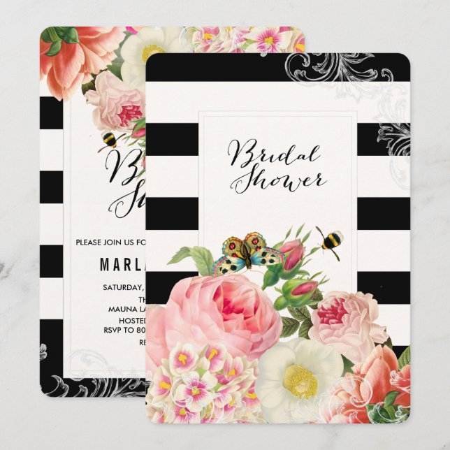 Invitation PixDezines roses vintages/douche nuptiale/ (Devant / Derrière)