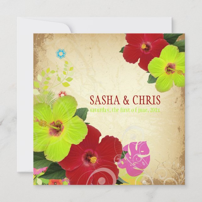 Invitation PixDezines rouge+vert hibiscus+monstère (Devant)