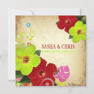 Invitation PixDezines rouge+vert hibiscus+monstère