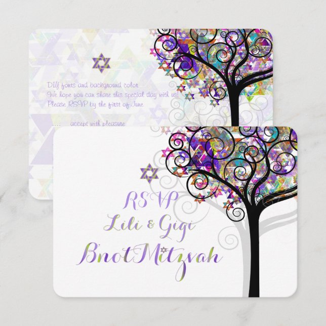 Invitation PixDezines RSVP TREE DE VIE Bnot MITZVAH/PURPLE (Devant / Derrière)