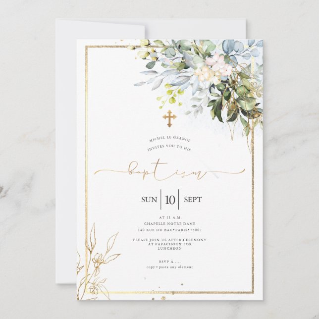 Invitation PixDezines Rustic Watercolor Eucalyptus Baptism (Devant)
