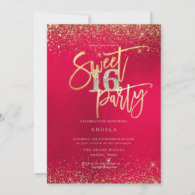 Invitation PixDezines Sweet 16 Diamond Red Gold Glitter (Devant)