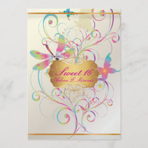 Invitation PixDezines Sweet 16/Papillons+Dragonfly+Rainbows