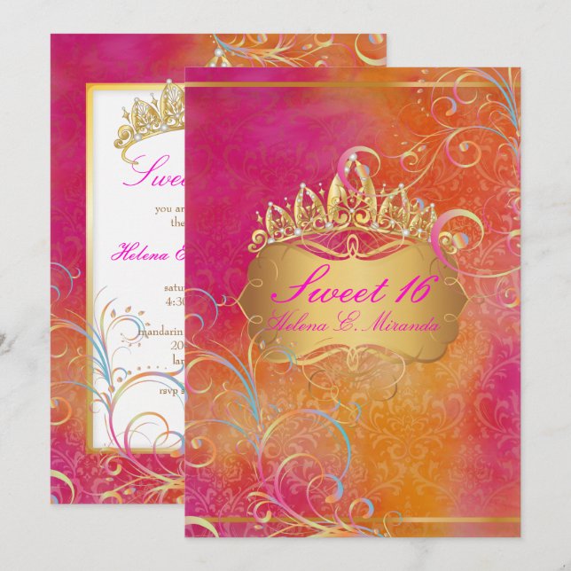 Invitation PixDezines SWEET 16, RAINBOW SWIRLS/ROSSI DAMASK (Devant / Derrière)