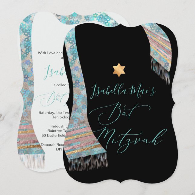 Invitation PixDezines Tallit Aqua Bat mitzvah bleu turquoise (Devant / Derrière)