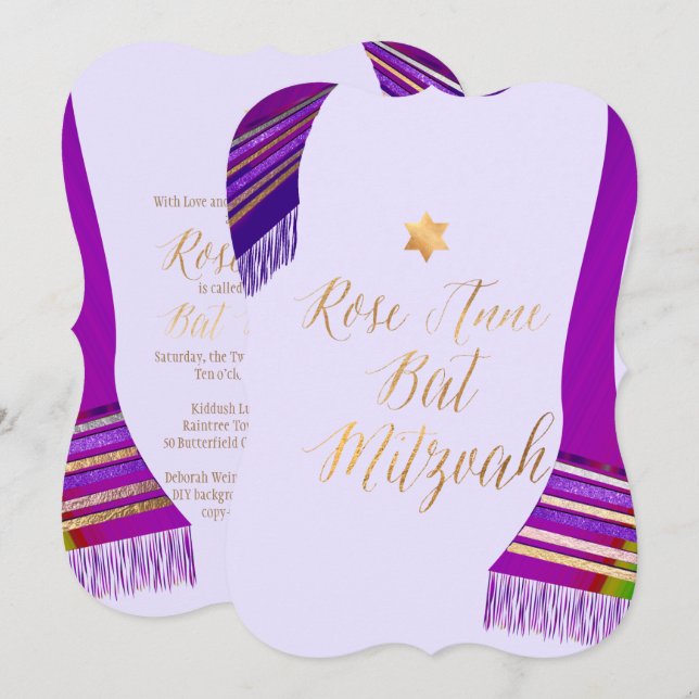 Invitation PixDezines Tallit/Magenta/Purple/Bat mitzvah (Devant / Derrière)