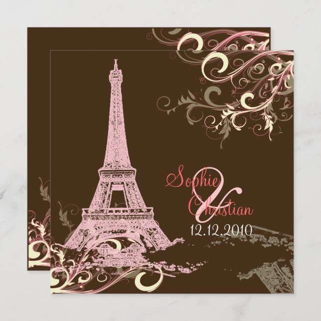 Invitation PixDezines TOUR EIFFEL ROSE+SWIRLS (Devant / Derrière)