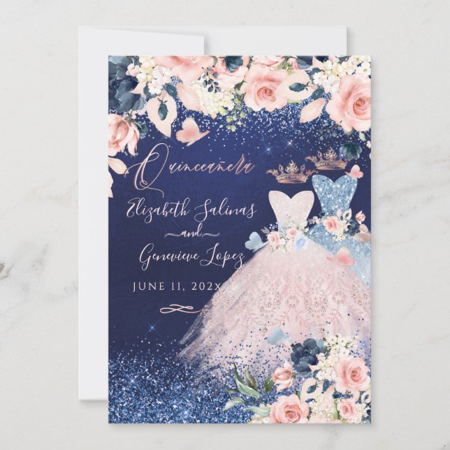 Invitation PixDezines Twins Quinceanera Dusty Blue+Blush (Devant)
