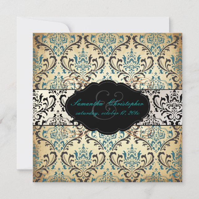 Invitation PixDezines Vintage Rossi Damask, Turquoise (Devant)