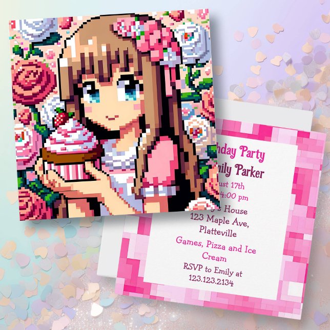 Invitation Pixel Art Girl's Pink Birthday Party (Créateur téléchargé)