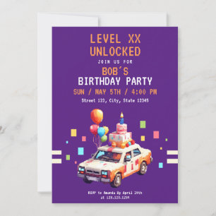 Invitation Pixel Purple & Orange Jeu de Voiture Anniversaire