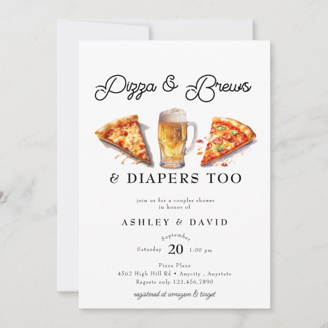 Invitation Pizza & Bière | Aquarelle Couples Douche (Devant)