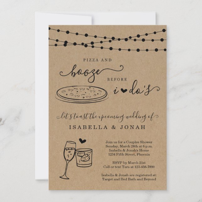Invitation Pizza & Booze avant le Wedding shower de Dos Coupl (Devant)