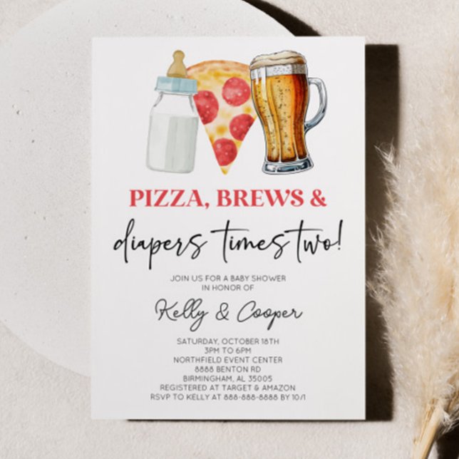 Invitation Pizza Brews et Diapers Times Deux Baby showers jum (Créateur téléchargé)