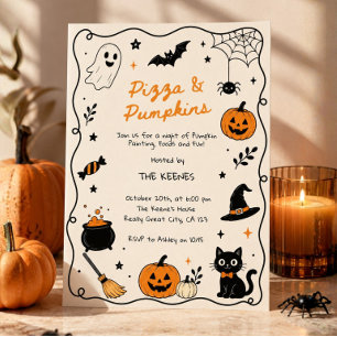 Invitation Pizza & Citrouilles Peinture Halloween Dessinée à