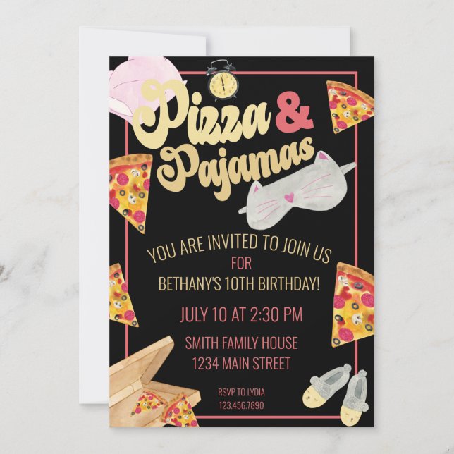 Invitation Pizza et Pyjamas Stwood Party Sleepover Anniversai (Devant)