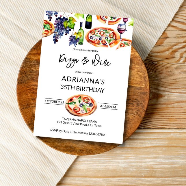 Invitation Pizza et vin fête d'anniversaire modèle (Pizza and wine adults birthday party editable template invitation digital download watercolor pizza)