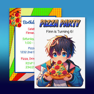 Invitation Pizza fête d'anniversaire   Anime Boy avec Pizza