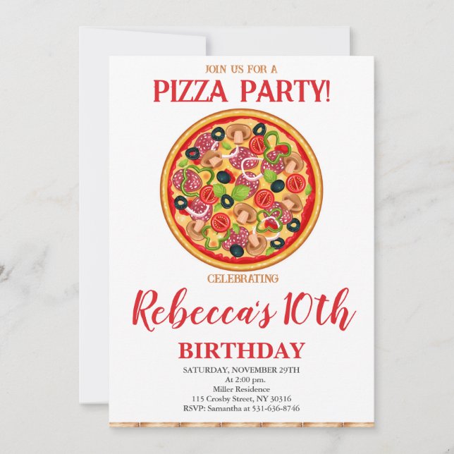 Invitation Pizza fête d'anniversaire, n'importe quel âge fête (Devant)