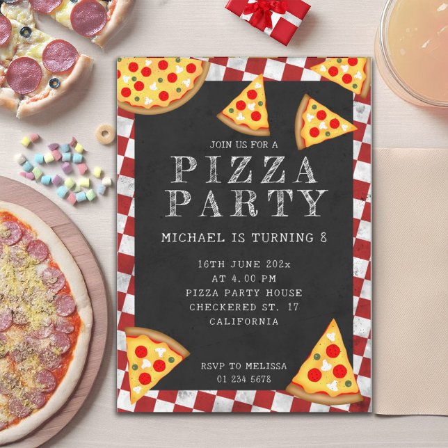 Invitation Pizza partie tranches anniversaire de enfant à dam (Pizza party kids birthday checkered retro pattern Invitation. Personalize fun birthday invite.)