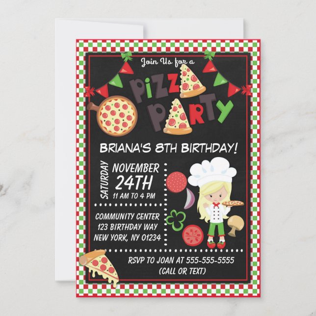 Invitation Pizza Party Blond Girl Anniversaire de enfant Part (Devant)