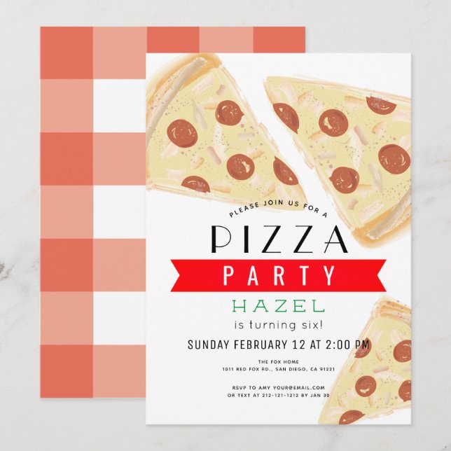 Invitation Pizza Party Red En vichy Anniversaire (Devant / Derrière)