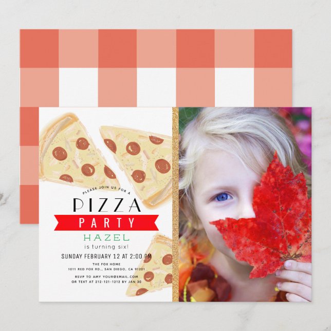 Invitation Pizza Party Rouge En vichy photo Anniversaire (Devant / Derrière)