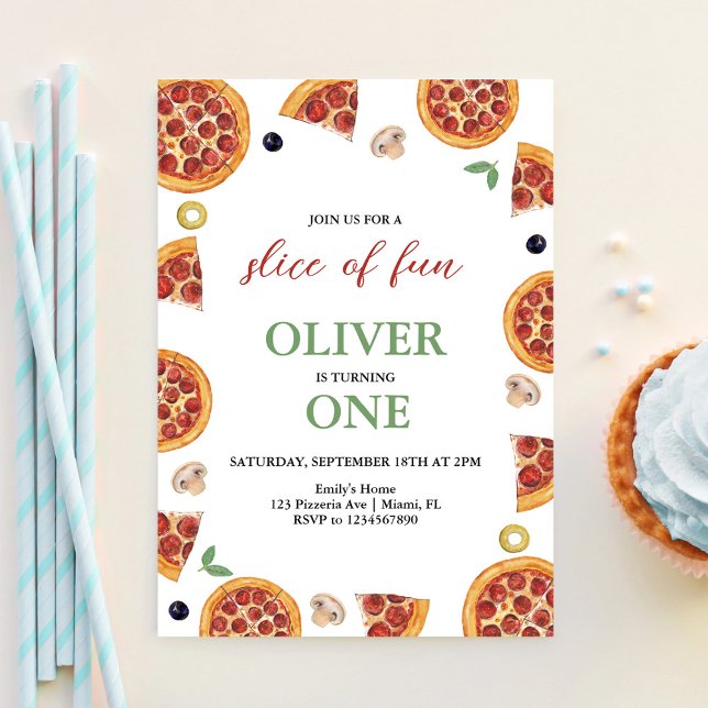 Invitation Pizza Party, Slice Fun ONE Pizza Party Anniversair (Créateur téléchargé)